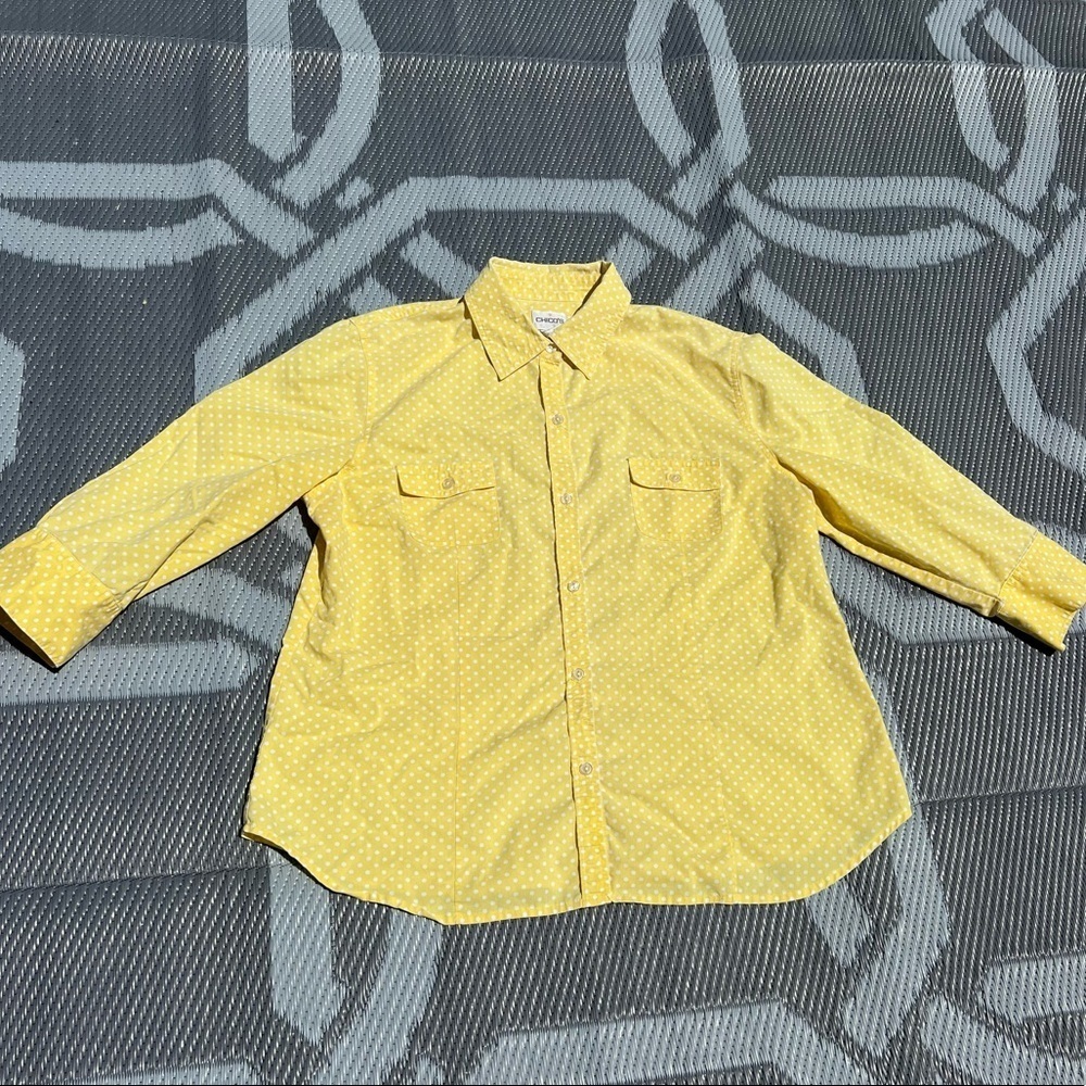 Chicos 3/4 length sleeves burton down top in yellow/white polka dots
